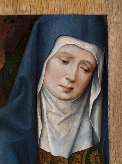 Huilende Maria, Fragment van een passiealtaar, Jan Baegert, 1510-1530. Tempera en olieverf op paneel, 21,7 x 17 cm. Kleef, Museum Kurhaus, inv. 2001-V-III